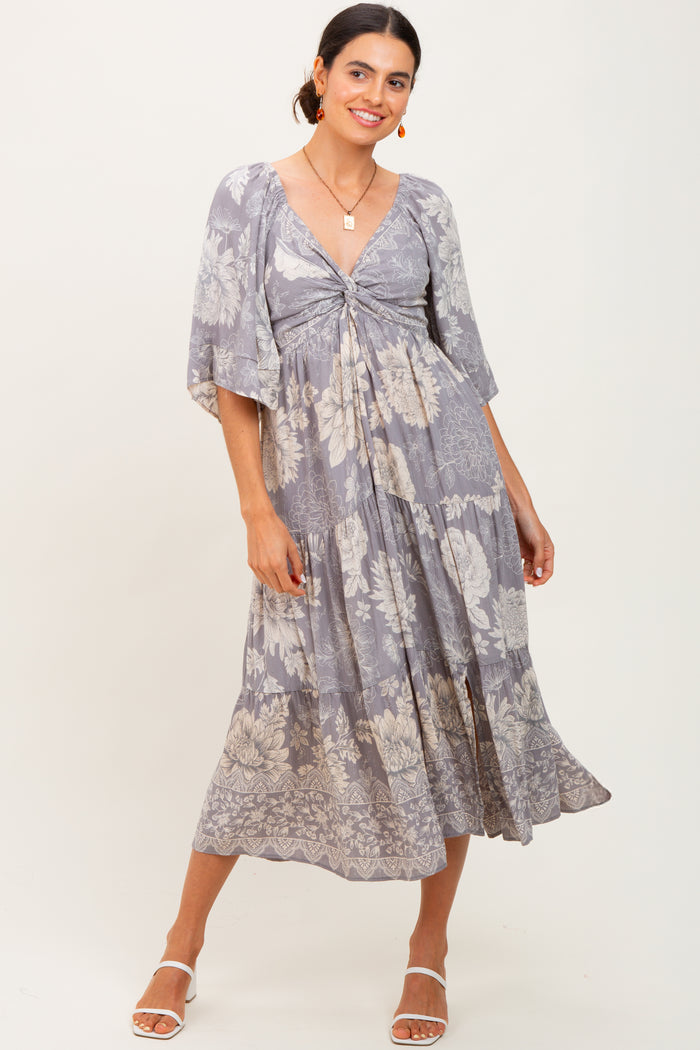 Light Grey Floral Twisted Front Tiered Maternity Midi Dress