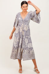 Light Grey Floral Twisted Front Tiered Midi Dress