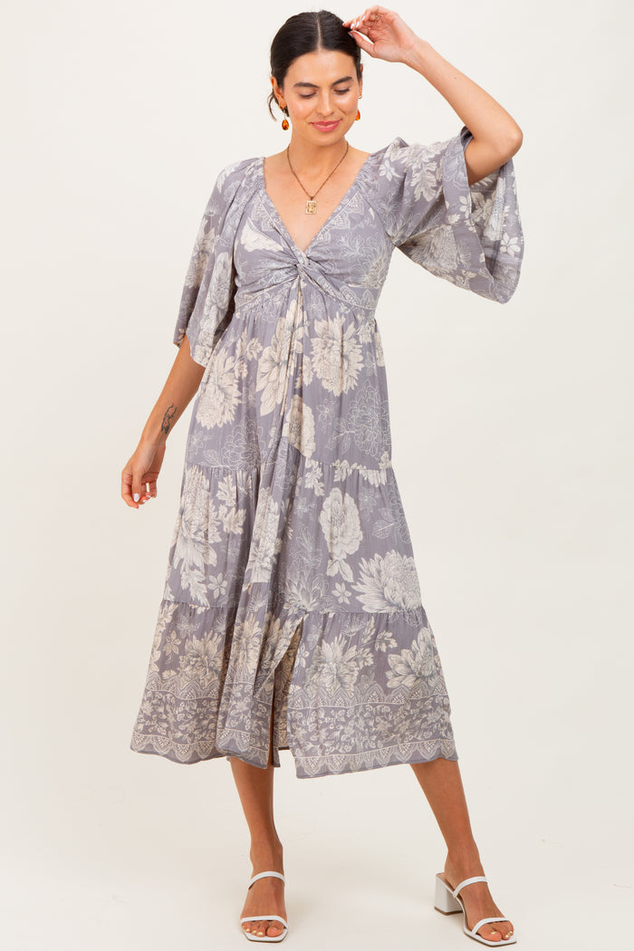 Light Grey Floral Twisted Front Tiered Midi Dress