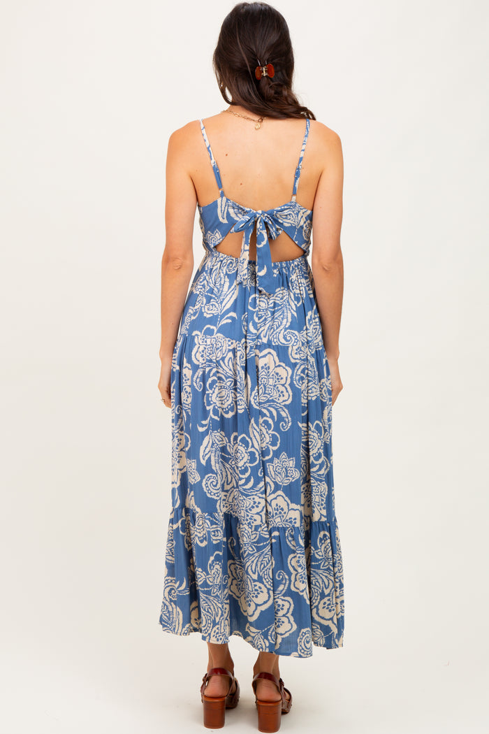 Blue Floral Cutout Tie Back Midi Dress
