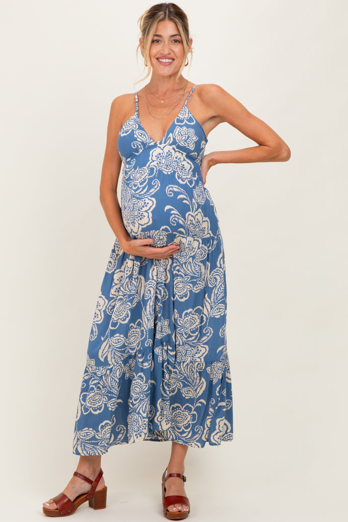 Blue Floral Cutout Tie Back Maternity Midi Dress
