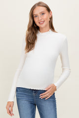 Ivory Lettuce Edge Mock Neck Long Sleeve Rib Maternity Top