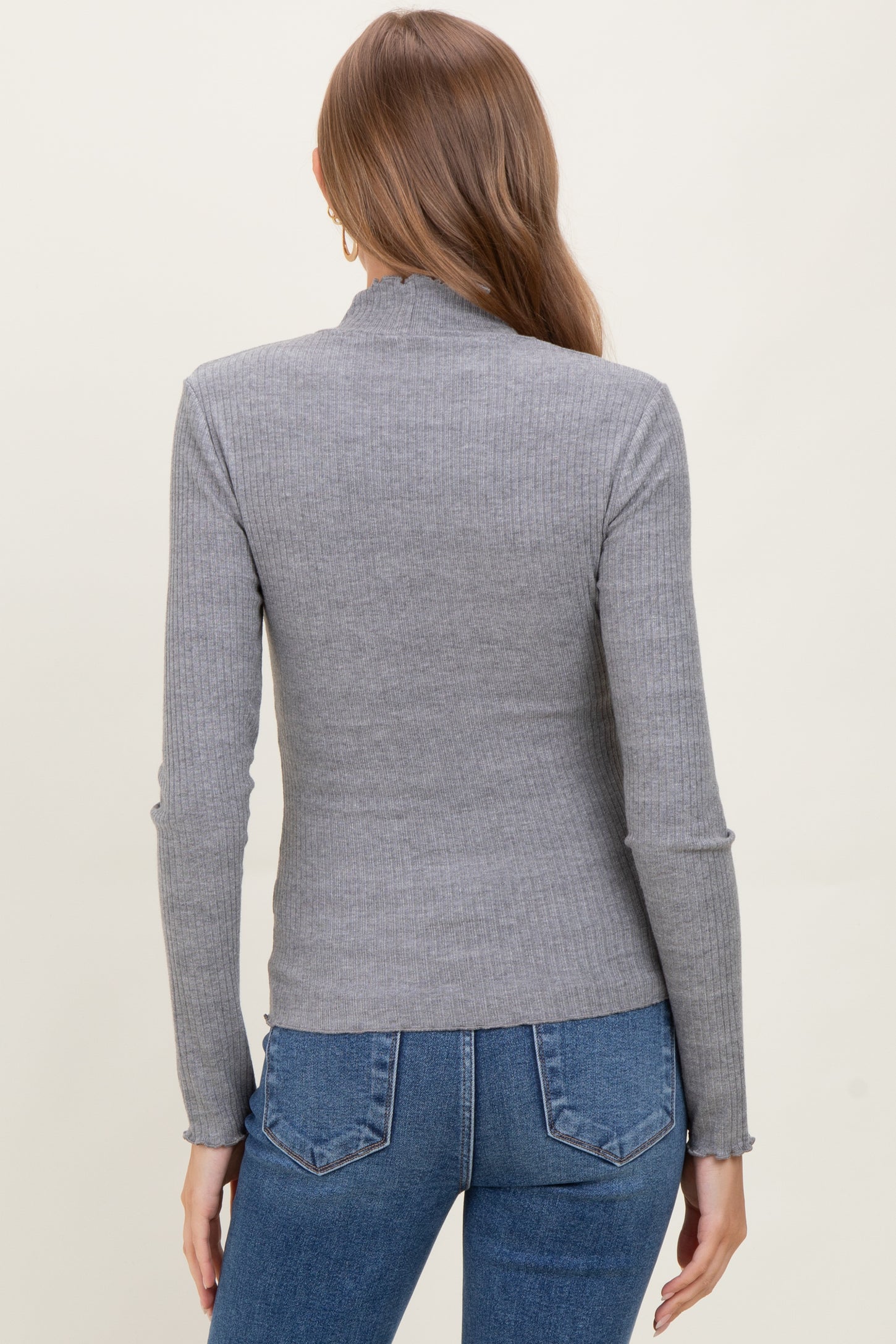 Gray Lettuce Edge Mock Neck Long Sleeve Rib Maternity Top