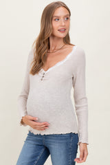 Beige Brushed Rib Lace Trimmed Henley Maternity Top