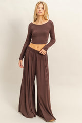 Brown Long-Sleeve Crop Top And Maxi Pants Set