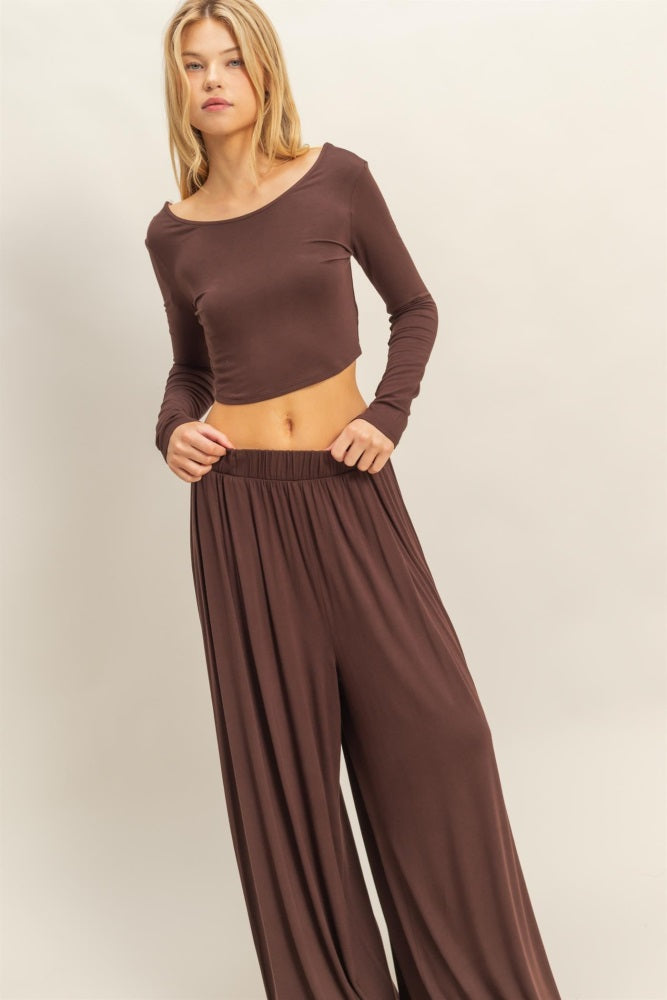 Brown Long-Sleeve Crop Top And Maxi Pants Set