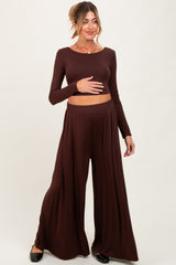 Brown Long-Sleeve Crop Top And Maxi Pants Maternity Set