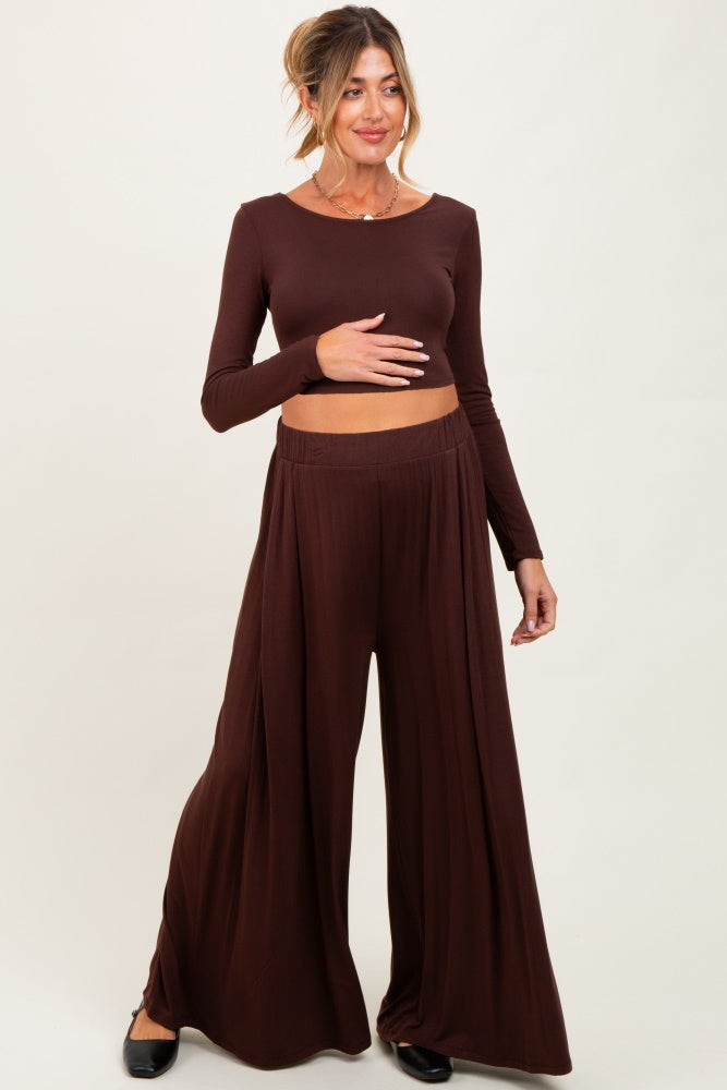 Brown Long-Sleeve Crop Top And Maxi Pants Maternity Set