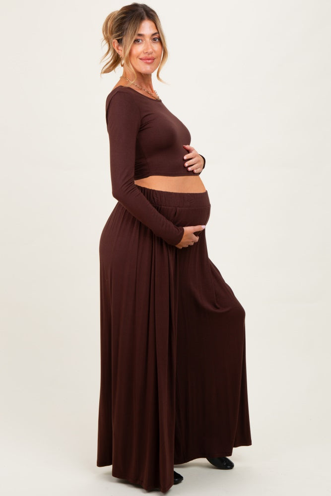 Brown Long-Sleeve Crop Top And Maxi Pants Maternity Set