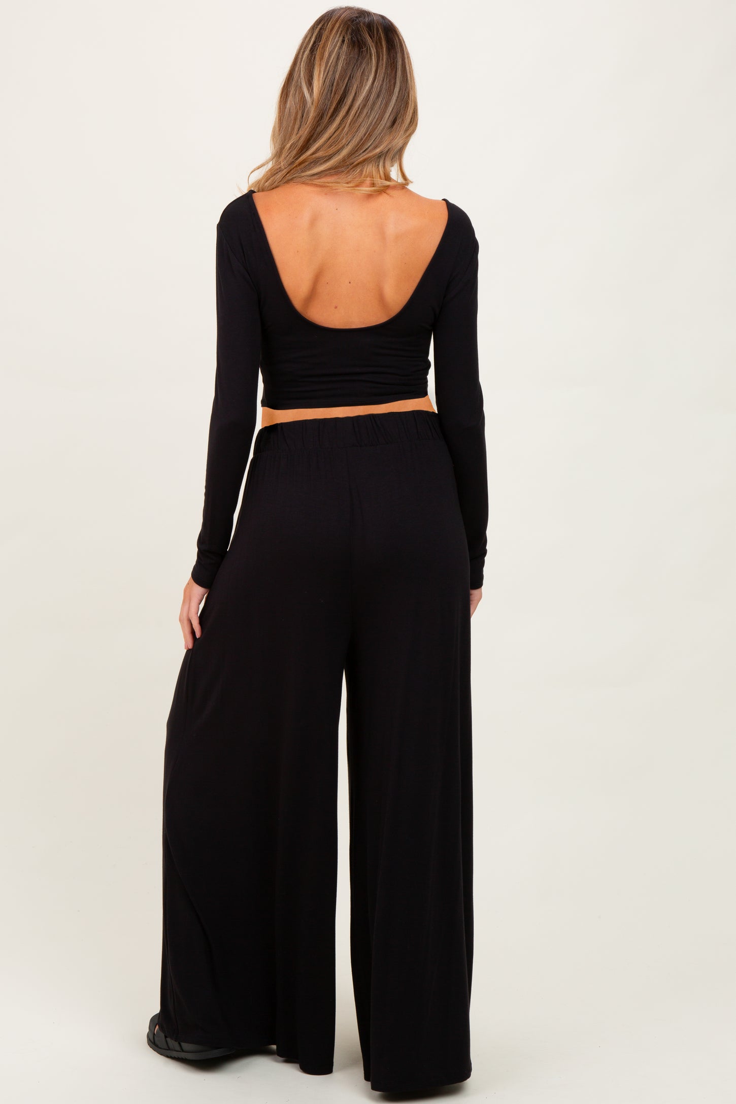 Black Long-Sleeve Crop Top And Maxi Pants Maternity Set