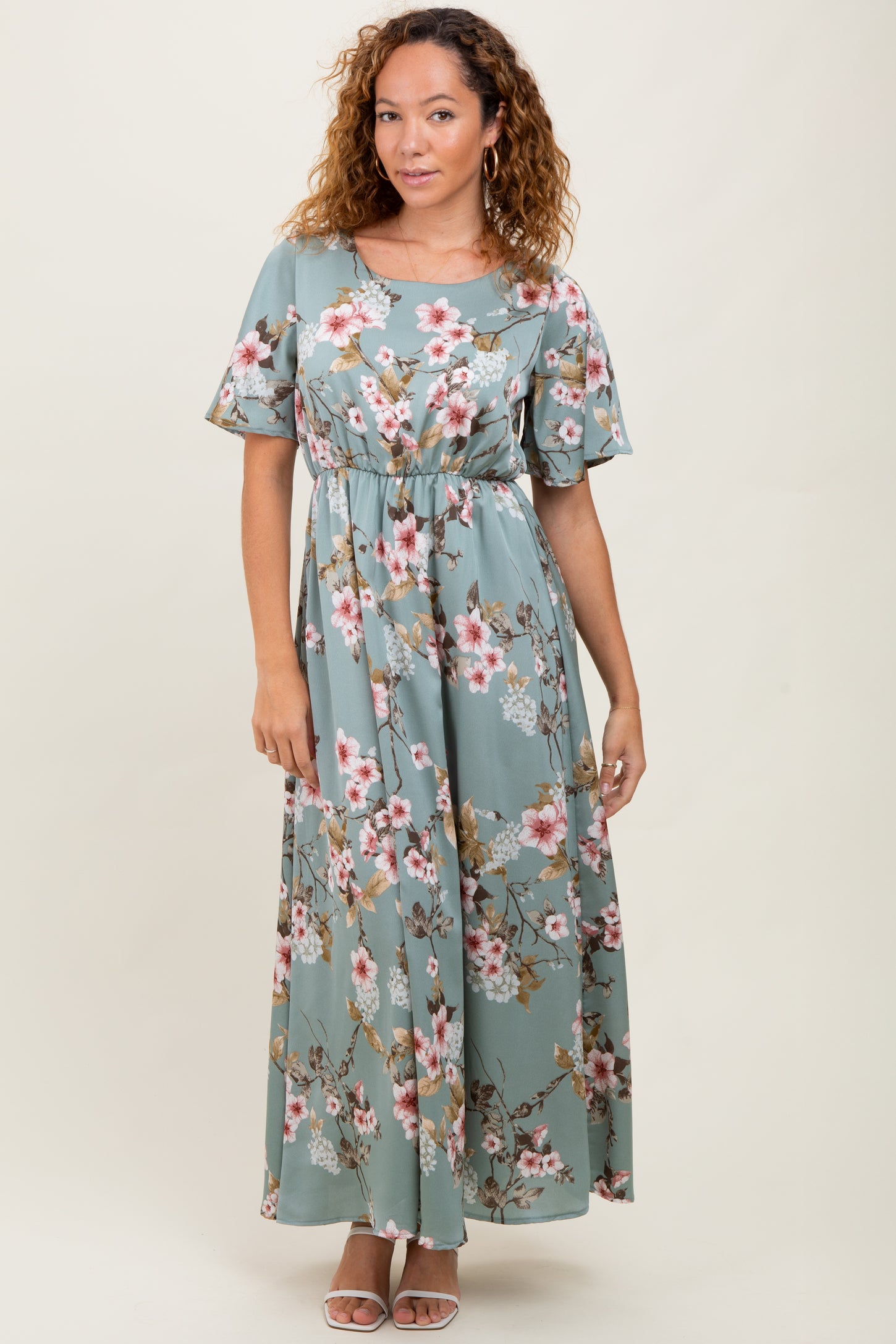 Light Olive Floral Flutter Sleeve Maxi Dress