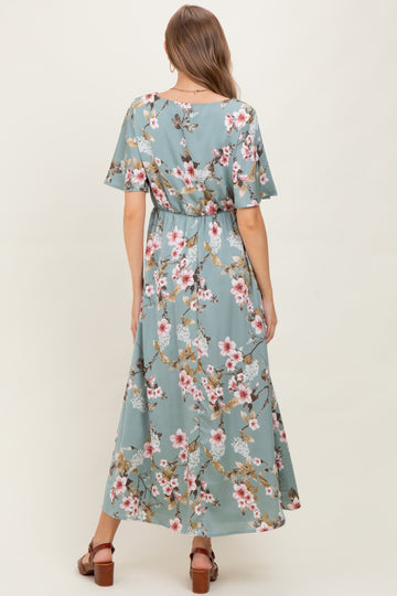 Light Olive Floral Flutter Sleeve Maternity Maxi Dress