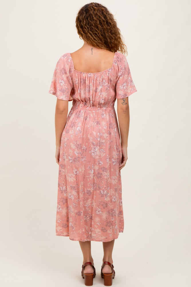 Pink Floral Smocked Midi Dress