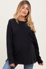Black Mineral Washed Drop Shoulder Long Sleeve Maternity Top