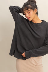 Black Mineral Washed Drop Shoulder Long Sleeve Top