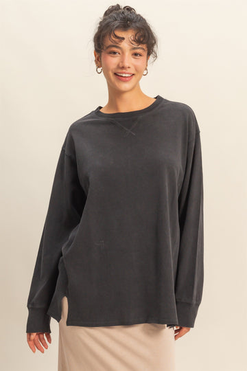 Black Mineral Washed Drop Shoulder Long Sleeve Top