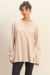 Beige Mineral Washed Drop Shoulder Long Sleeve Top
