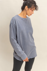 Navy Mineral Washed Drop Shoulder Long Sleeve Top