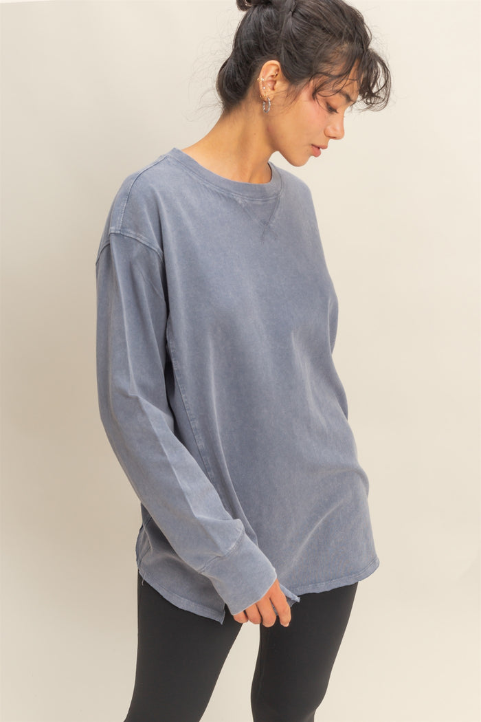 Navy Mineral Washed Drop Shoulder Long Sleeve Top