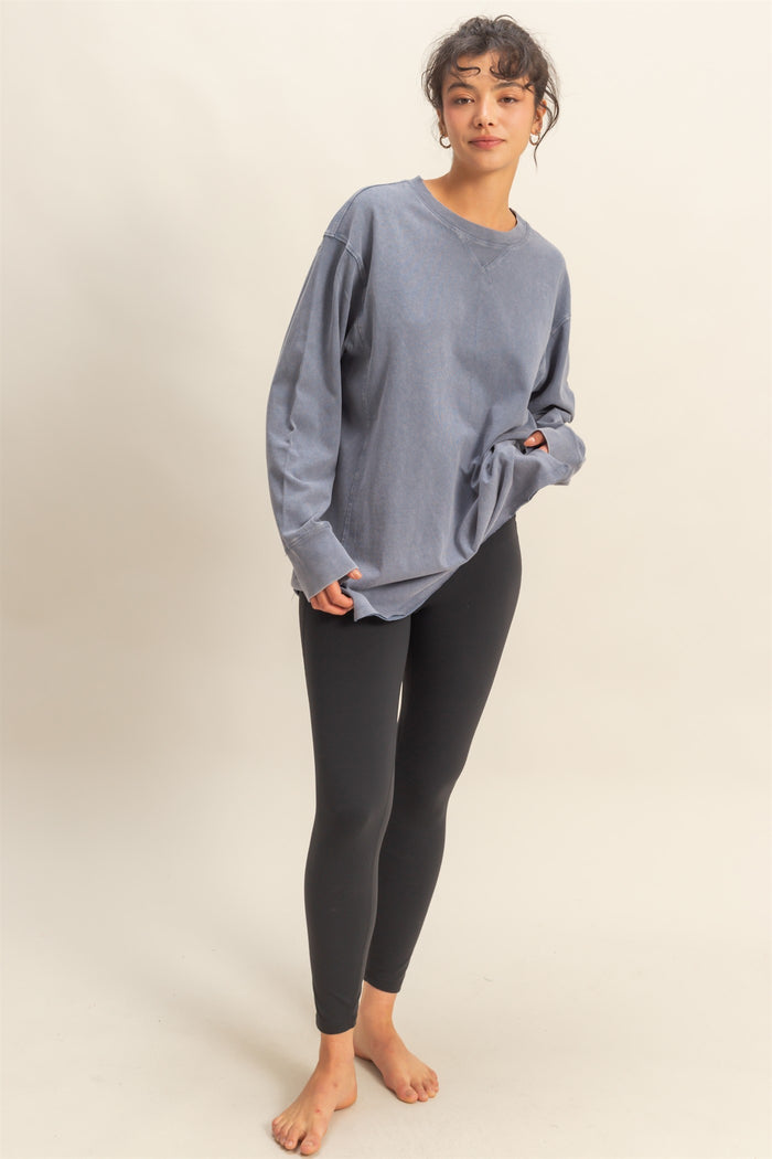 Navy Mineral Washed Drop Shoulder Long Sleeve Top