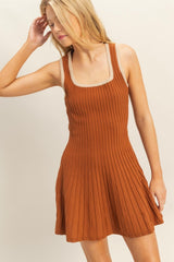 Rust Sleeveless Ribbed Flare Dress