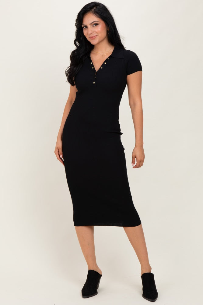 Black Ribbed Knit Midi Polo Dress