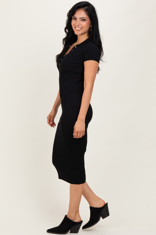 Black Ribbed Knit Midi Polo Dress