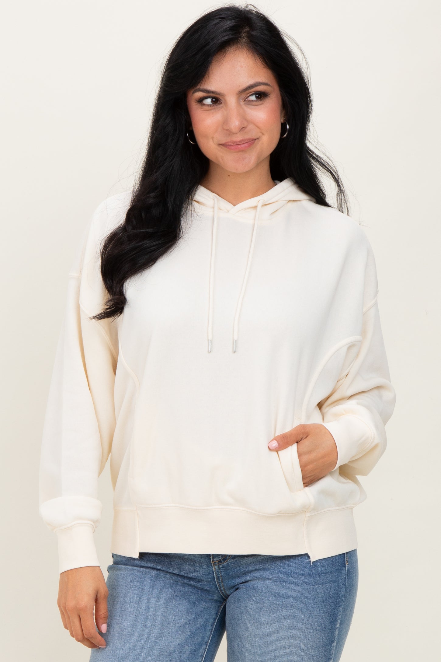 Cream Drop Shoulder Long Sleeve Oversized Maternity Hoodie