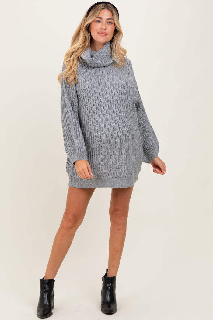 Grey Turtleneck Puff Sleeve Maternity Sweater Dress