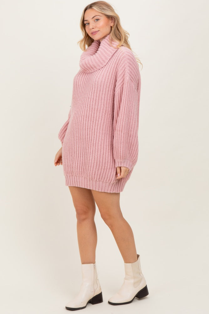 Pink Turtleneck Puff Sleeve Sweater Dress