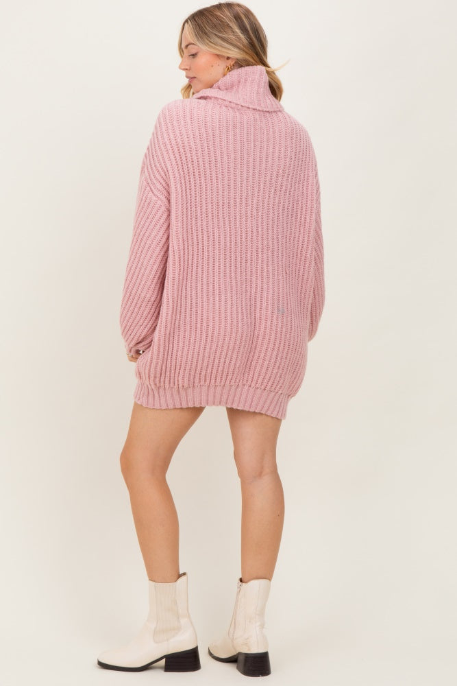 Pink Turtleneck Puff Sleeve Sweater Dress