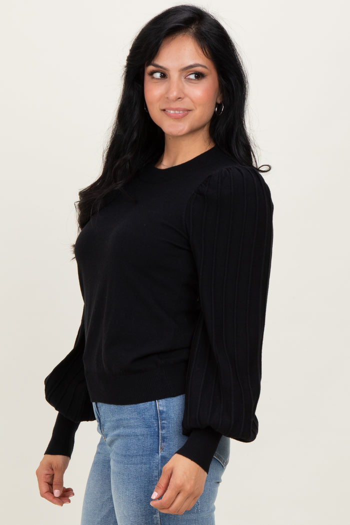 Black Ribbed Bubble Sleeve Knit Top