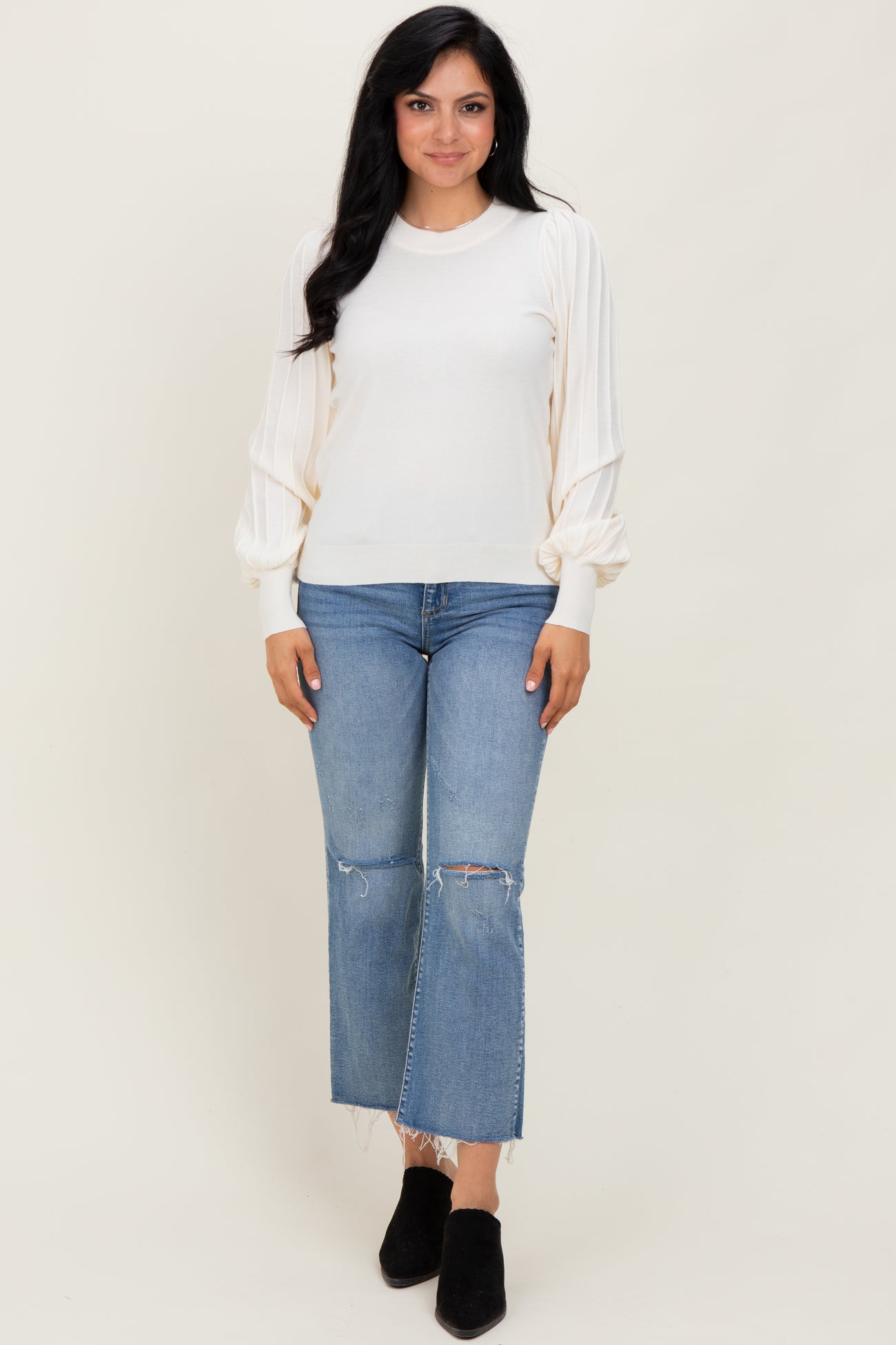 Ivory Ribbed Bubble Sleeve Knit Top