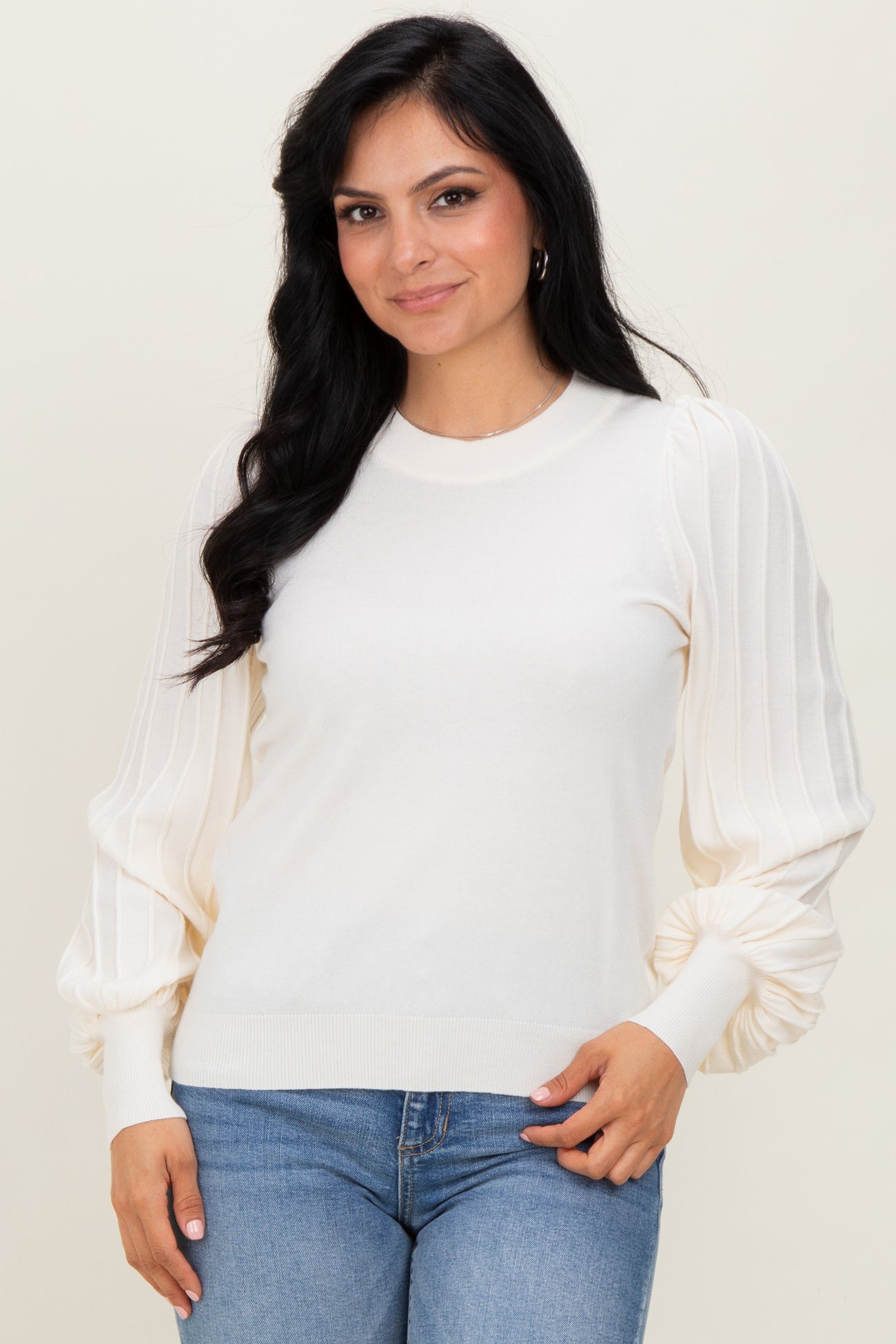 Ivory Ribbed Bubble Sleeve Maternity Knit Top