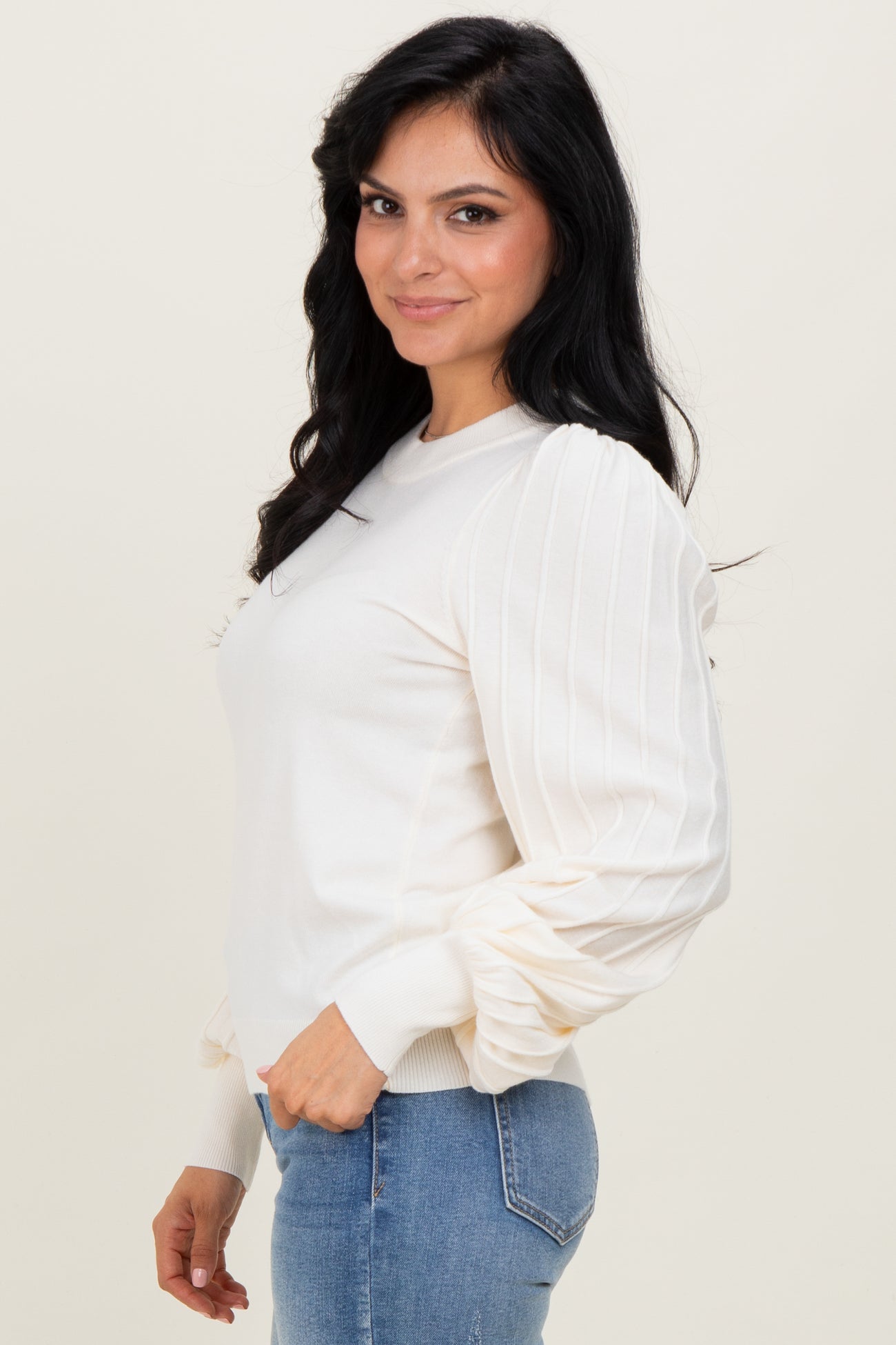 Ivory Ribbed Bubble Sleeve Knit Top