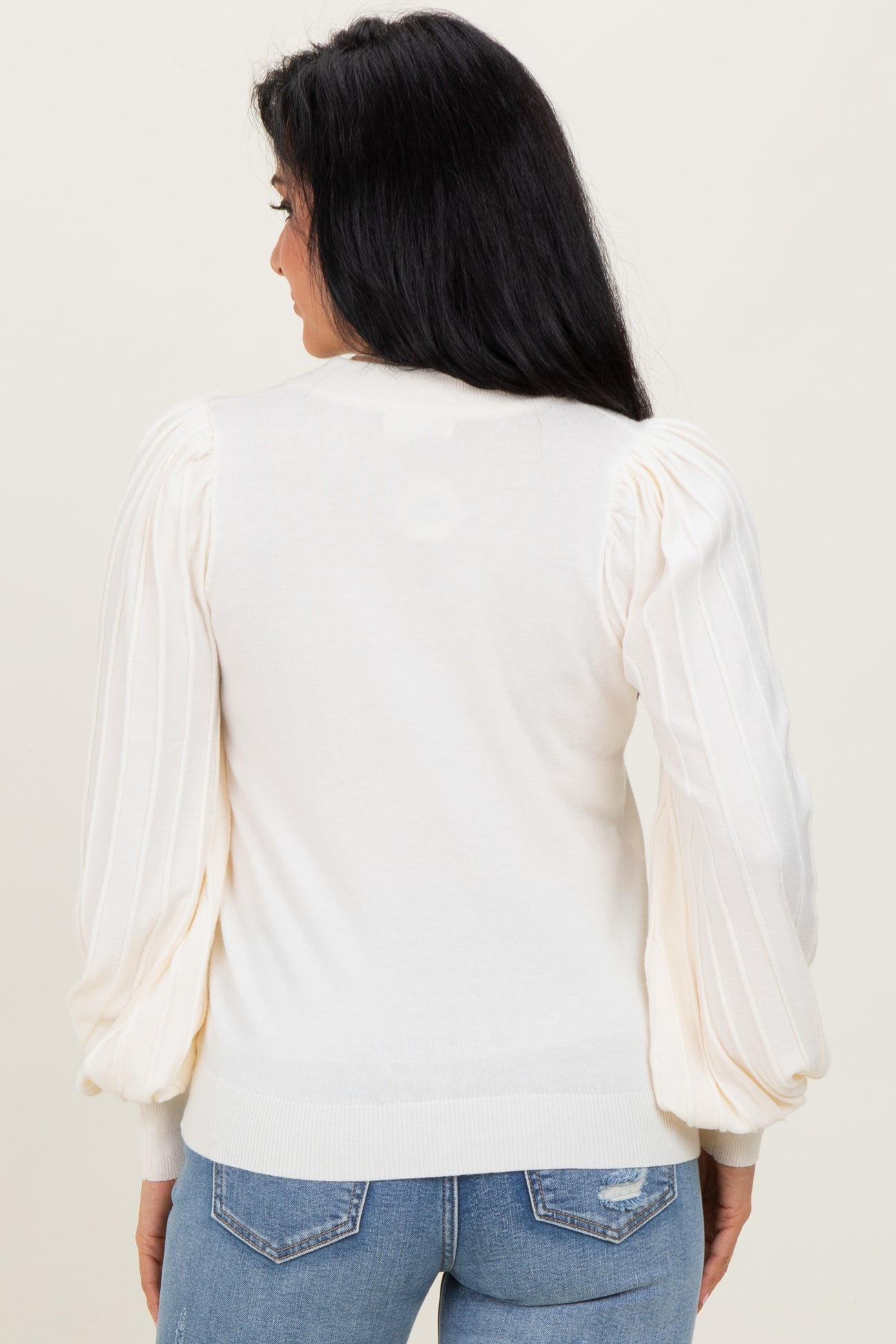 Ivory Ribbed Bubble Sleeve Knit Top