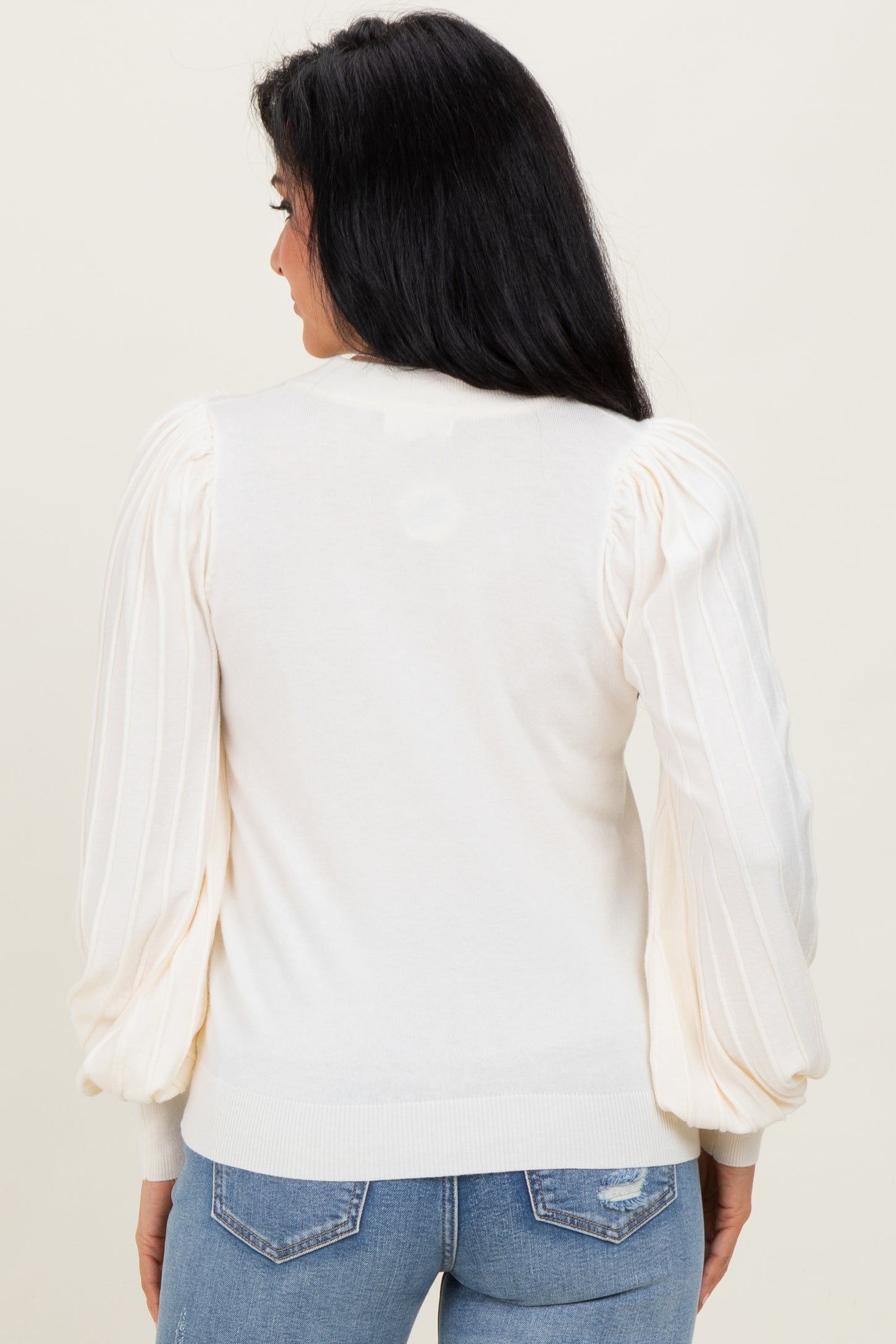 Ivory Ribbed Bubble Sleeve Knit Top