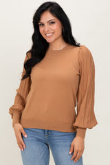Mocha Ribbed Bubble Sleeve Maternity Knit Top