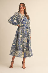 Blue Floral Patchwork Print Front Tie Midi Dress