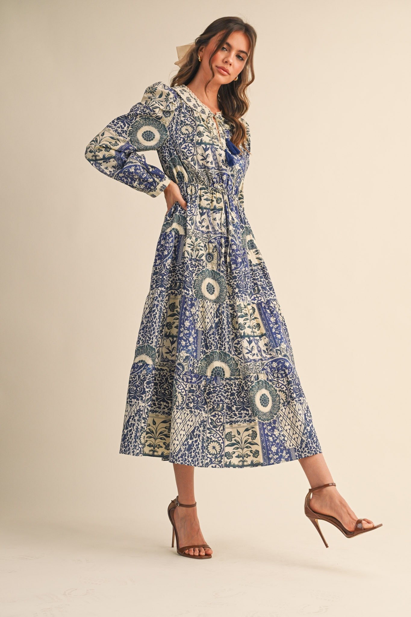 Blue Floral Patchwork Print Front Tie Midi Dress