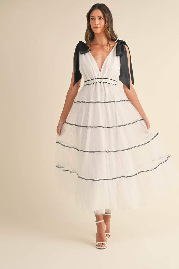 White Shoulder Bow Tie Lace Detail Tulle Midi Dress