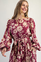 Burgundy Floral Striped Long Sleeve Midi Dress