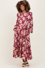 Burgundy Floral Striped Long Sleeve Maternity Midi Dress