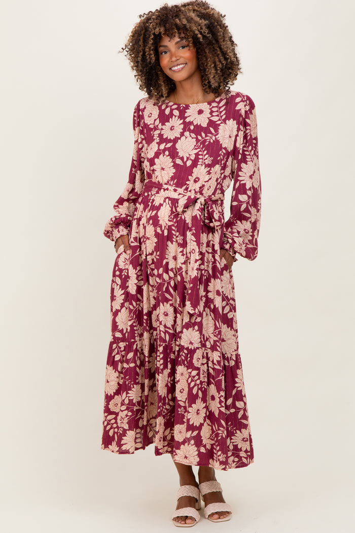 Burgundy Floral Striped Long Sleeve Maternity Midi Dress
