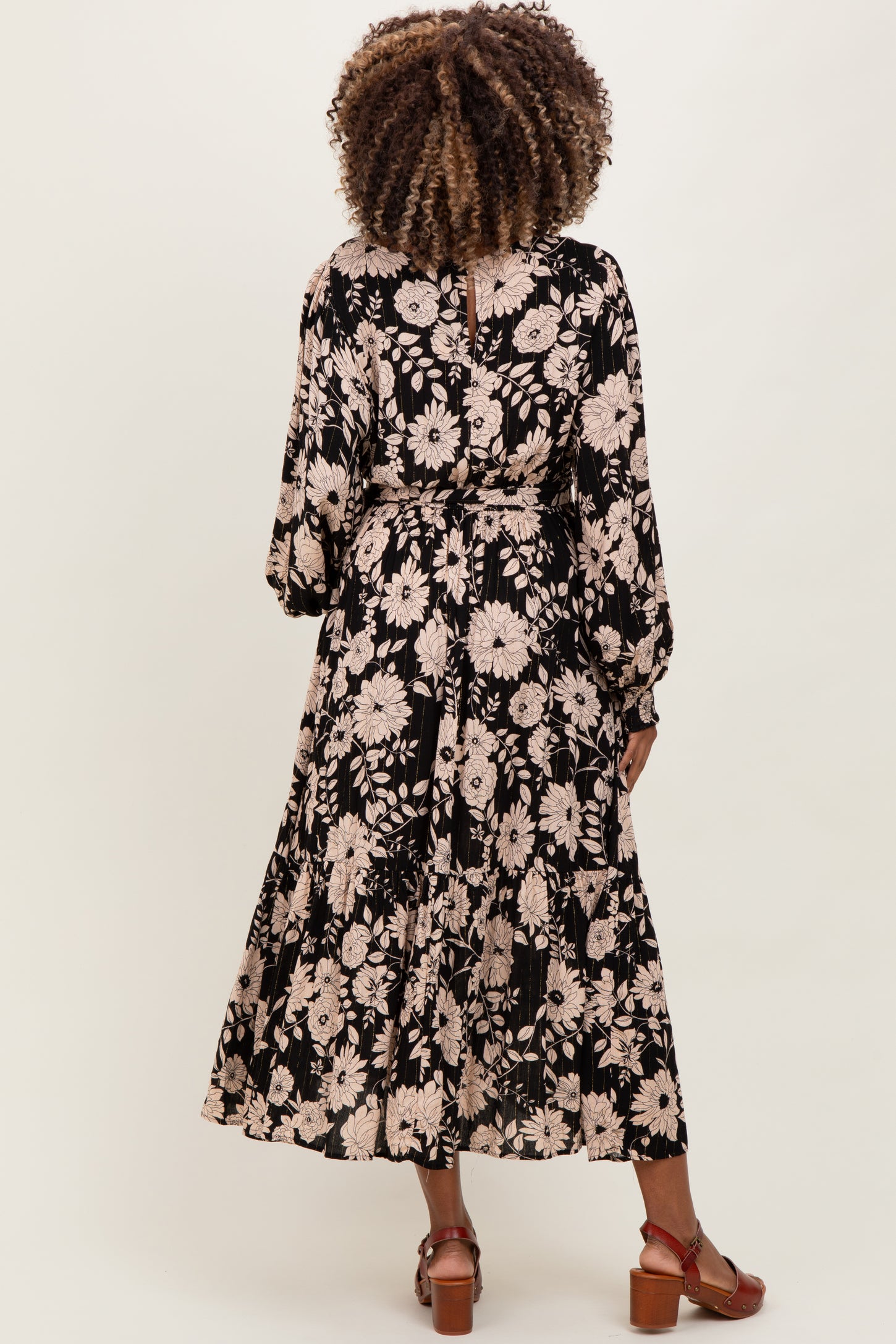 Black Floral Striped Long Sleeve Maternity Midi Dress