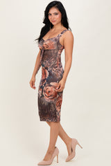 Light Pink Floral Animal Print Cutout Midi Dress