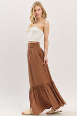Mocha Smocked Waist Button Accent Maxi Skirt