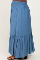 Blue Smocked Waist Button Accent Maternity Maxi Skirt