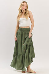 Olive Smocked Waist Button Accent Maxi Skirt