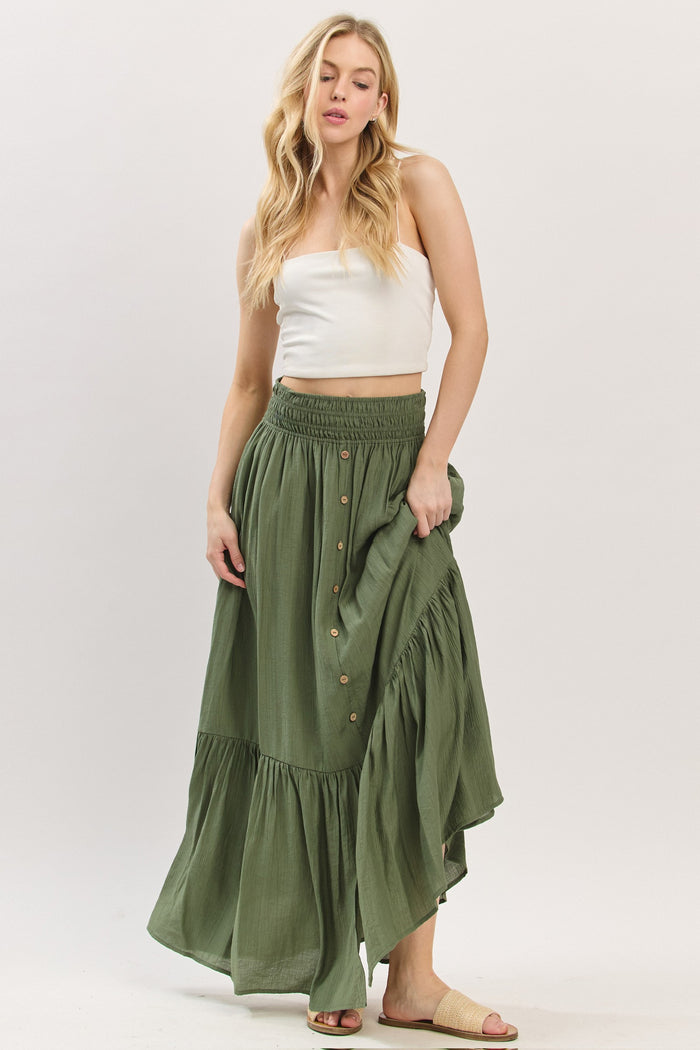Olive Smocked Waist Button Accent Maxi Skirt